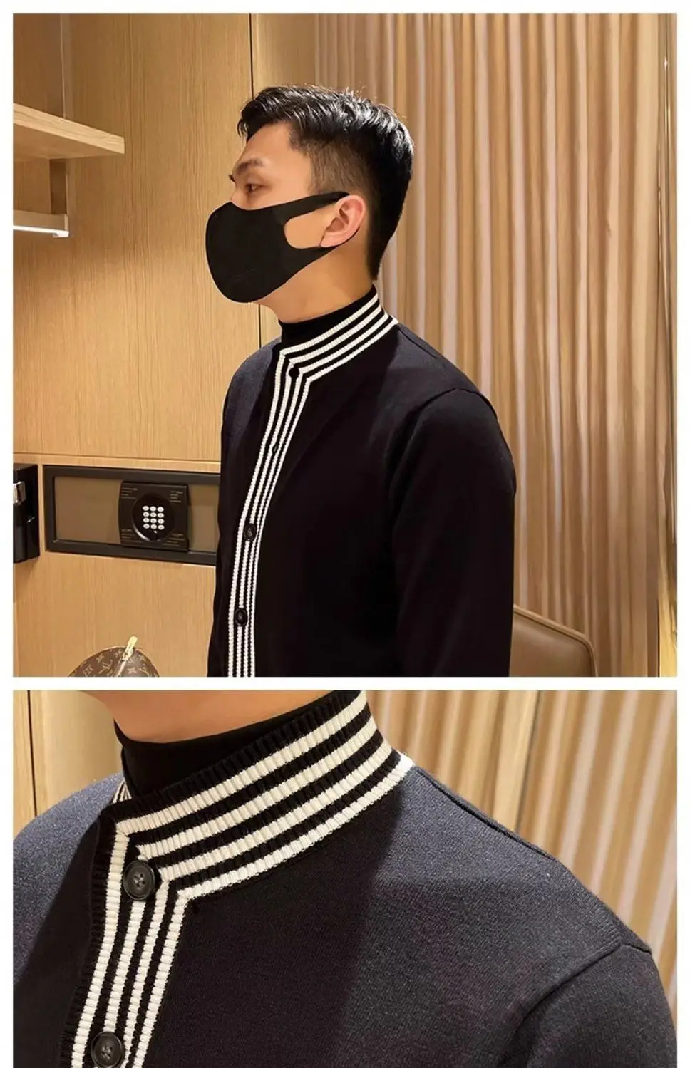 سترة صوفية مخططة راقية للرجال مع إحساس فاخر باللون الأسود وياقة واقفة سترة متماسكة بقصة ضيقة #5