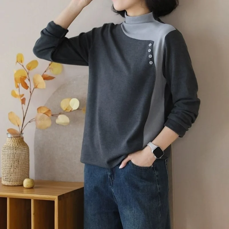 2023 Autumn/Winter New Half High Collar Versatile Loose and Slim Underlay Shirt Korean Version Casual Comfortable Leisure Tops