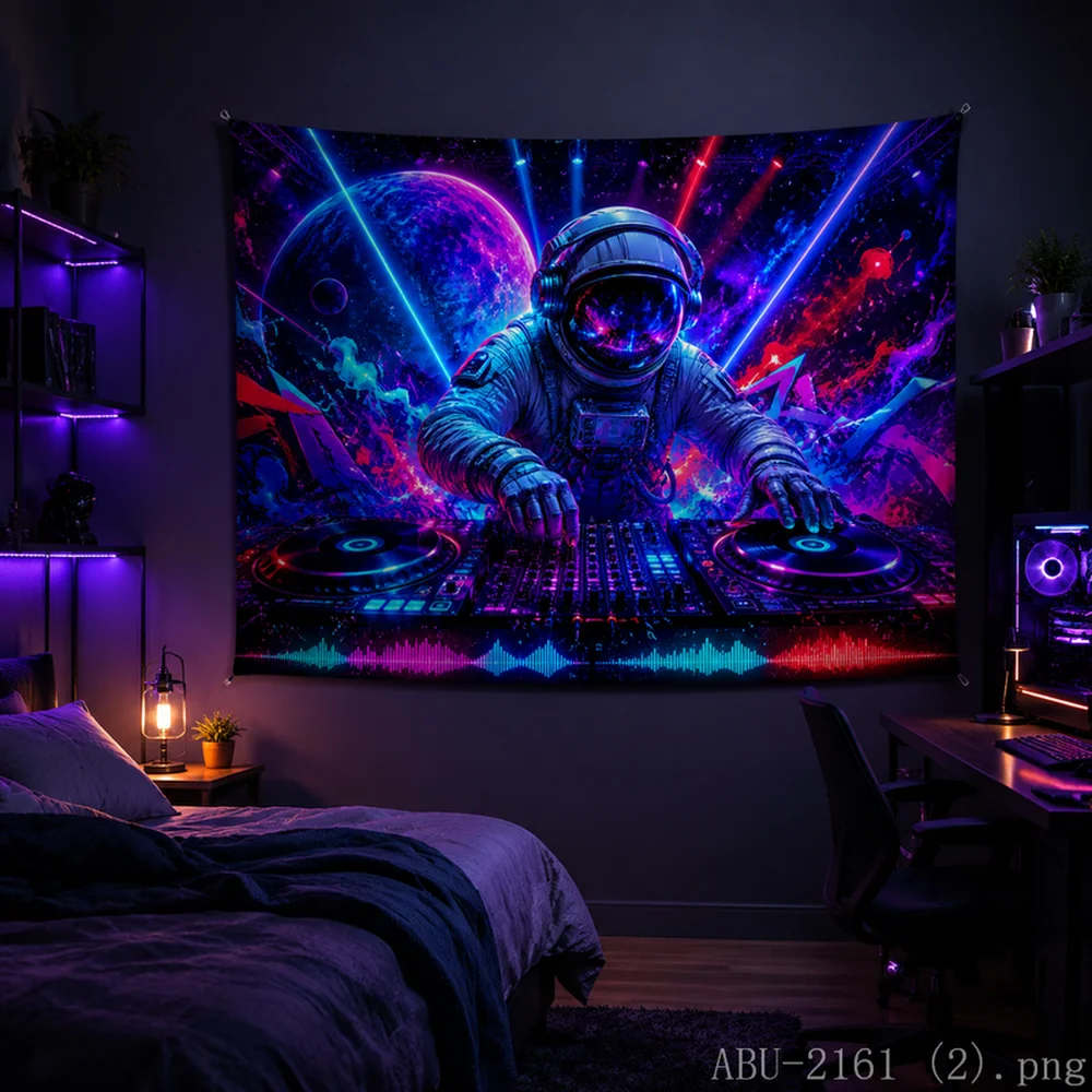 VIKAMA Purple Blue Nebula DJ Tapestry Futuristic Astronaut Wall Art for Bedroom Living Room Decor