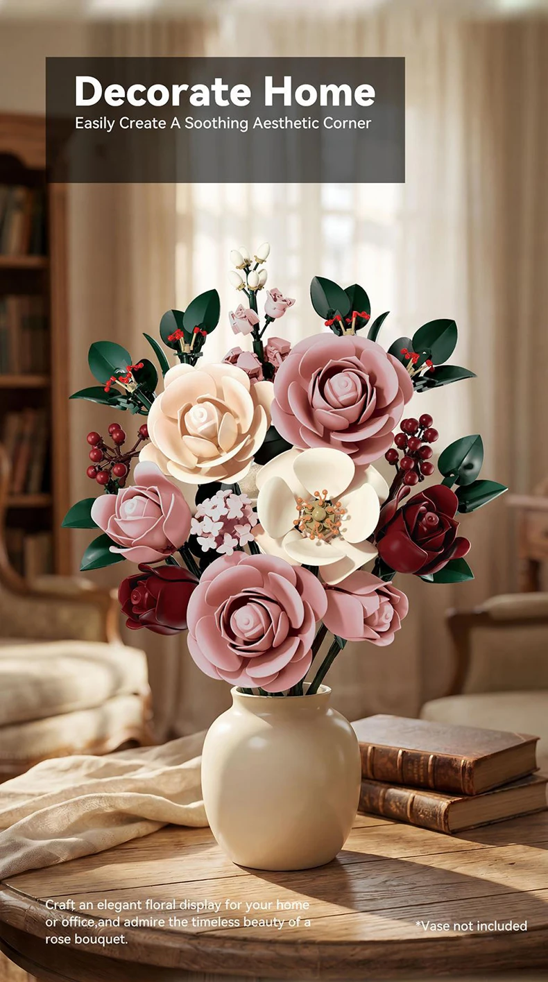 Rosen-Blumenstrauß-Bausatz, Blumen-Botanik-Sammelset für Heim, Büro, Regal-Dekoration, Geschenke zum Jahrestag – Detail 4