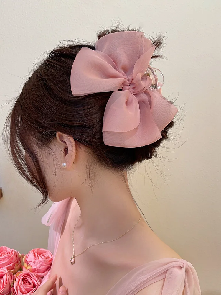 Sweet Mesh Bow Hair Claw Korean Summer Ponytail Hairpin Hair Clips For Women Solid Color Hair Crabs Hair Accessories