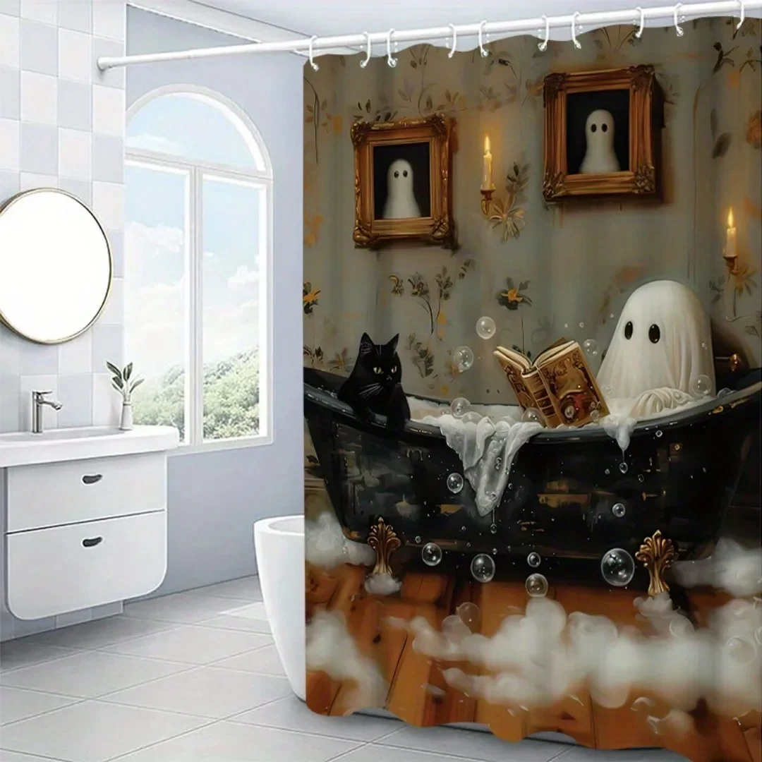 1/4Pcs Halloween Decoration Washing Ghost Cat  Pattern Shower Curtain Bathroom Decor Halloween Decoration Indoor Showr Curtain