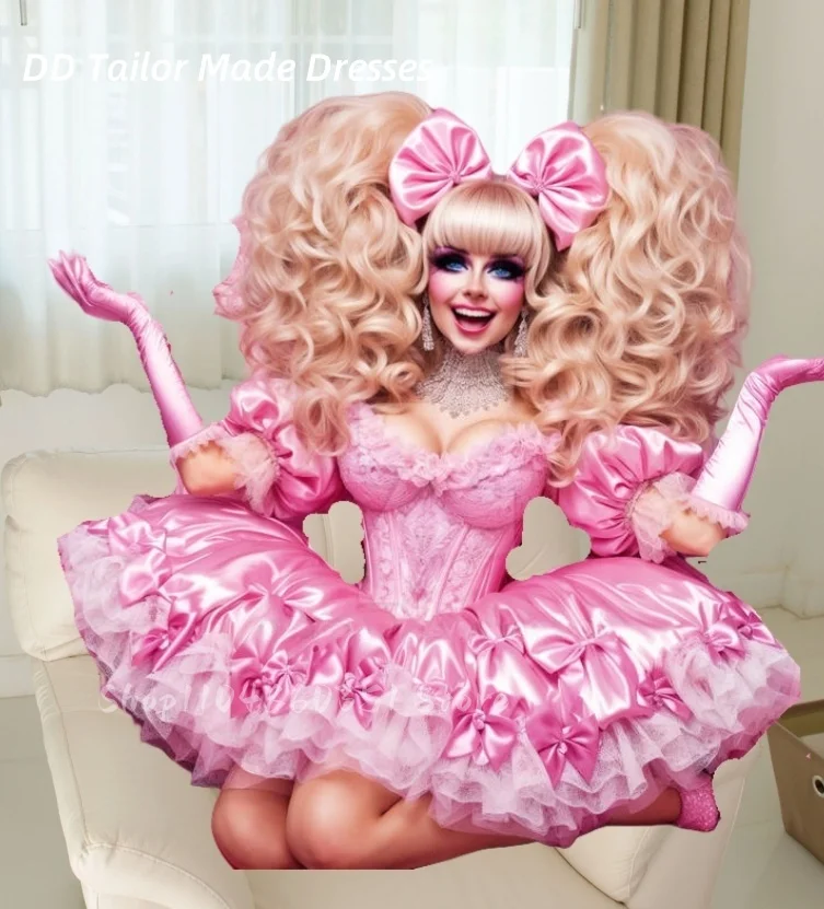 Rosa Schleife, kurzes Lolita-Abschlussballkleid, Rüschen, schulterfrei, herzförmig, Cosplay-Partykleid, Geburtstagskleidung, individuell gestaltet