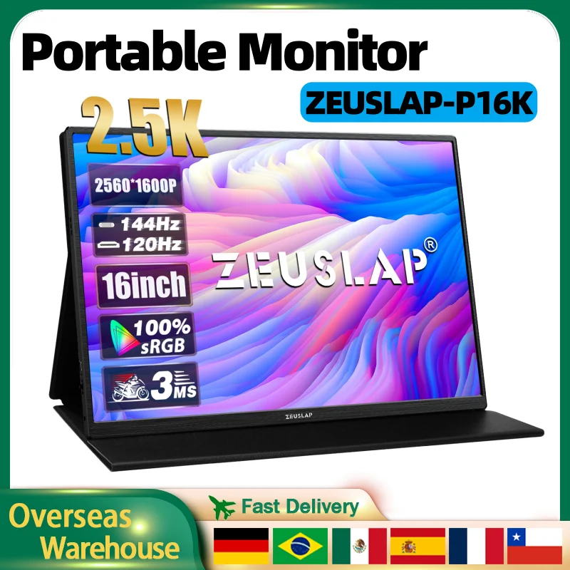Портативный монитор ZEUSLAP 16 дюймов, 2,5 К, 144 Гц, 2560*1600, 16:10, игровой дисплей для путешествий, 100% sRGB, 500 компакт-диск/м2, для ноутбука, переключатель PS4, PS5 Xbox