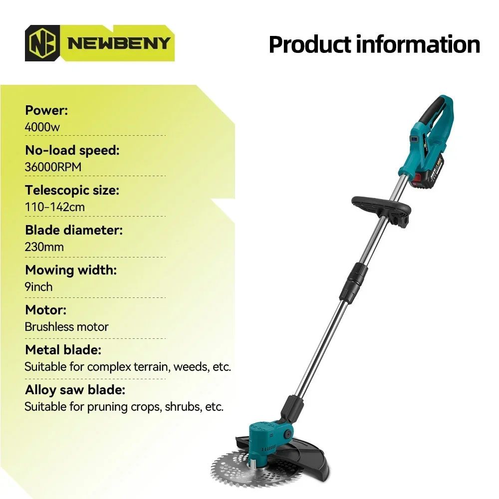 Newbeny 9 Polegada cortador de grama elétrico sem escova display digital sem fio recarregável jardim capina ferramentas para makita 18v bateria