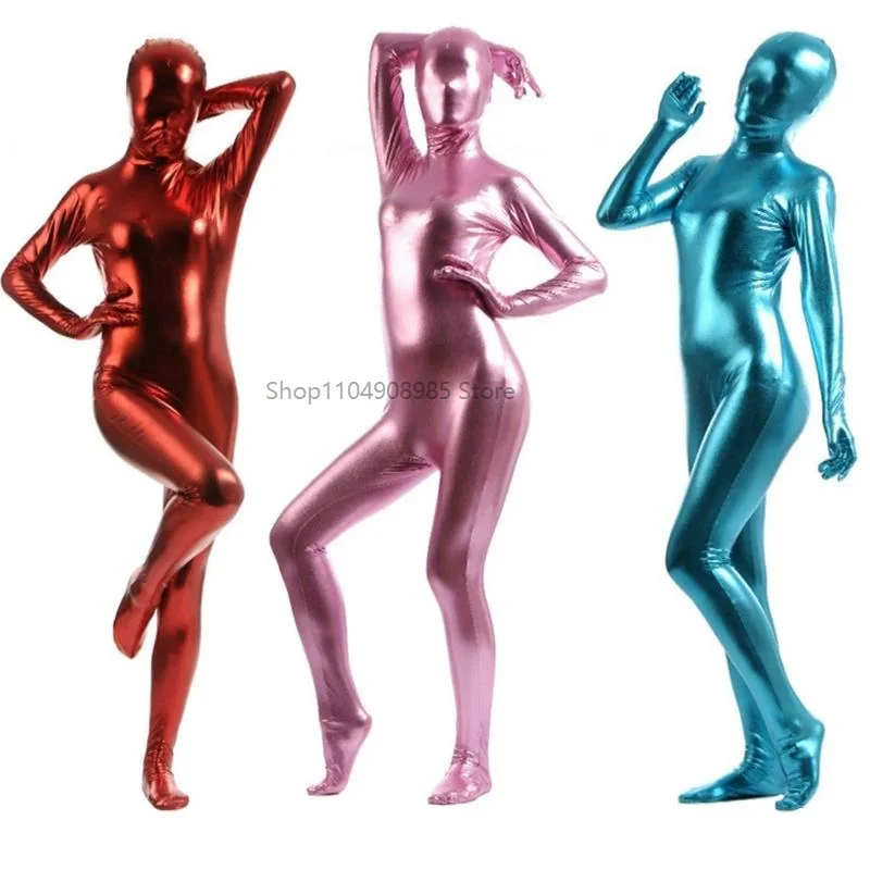 

Women Full Bodysuit Spandex Shiny Metallic Latex Sexy Unitard Halloween Back Zipper Cosplay Costume