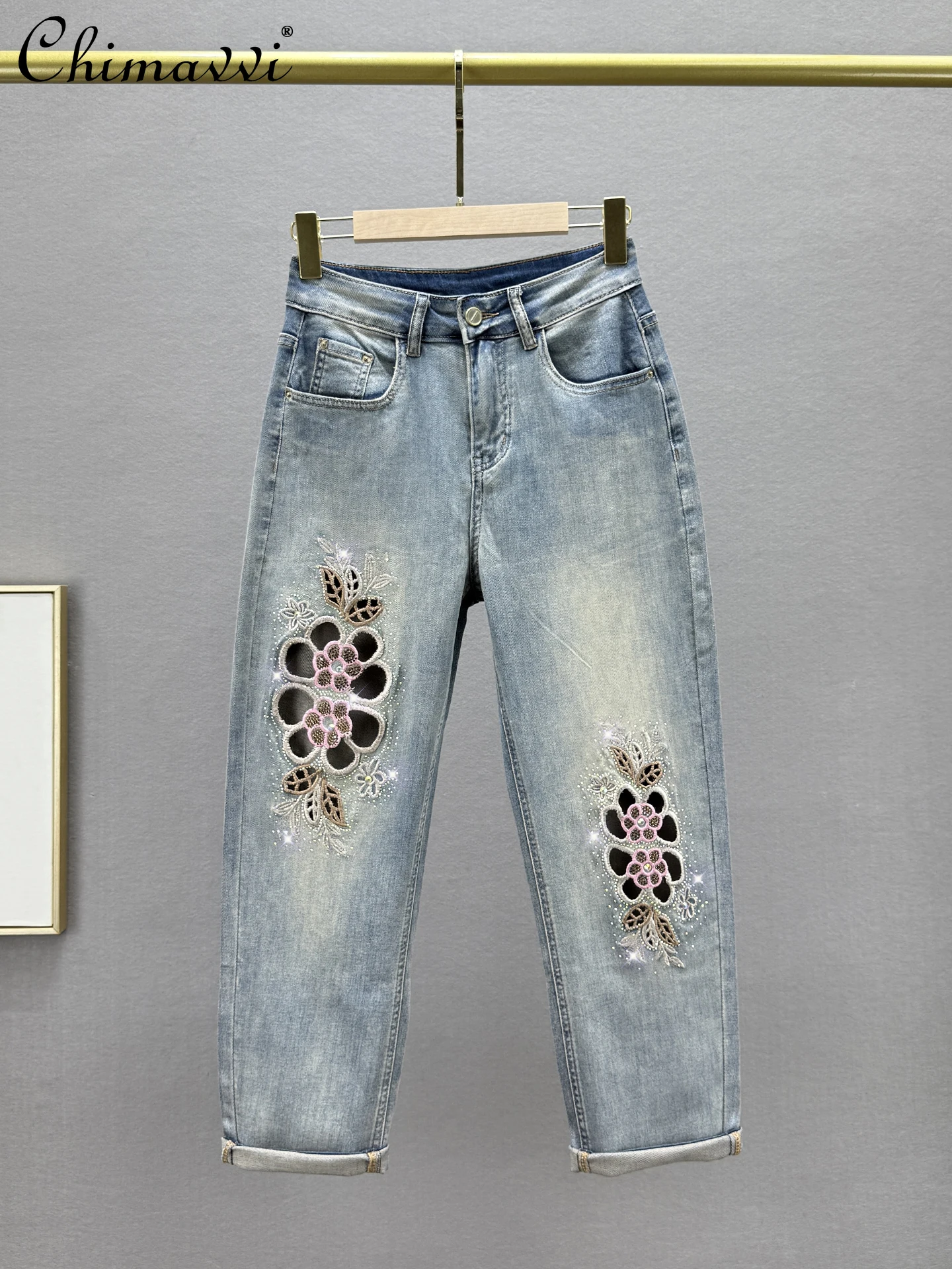 

Harlan Nine-point Jeans Women's Summer New Fashion Cotton Elastic High Waist Slim-fit Retro Embroidered Hot Diamond Hollow Pants