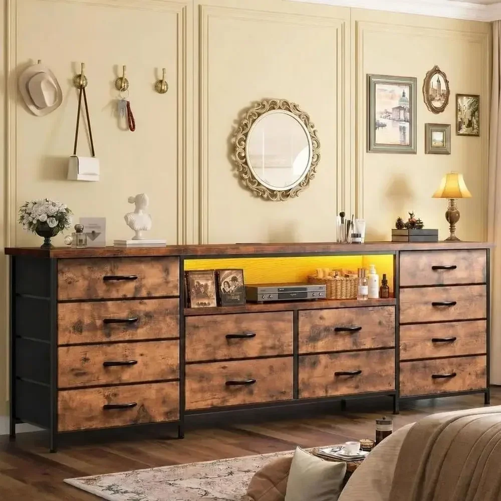 63 Wide Dresser or Bedroom with 12 Fabric Drawers, LED TV Stand with Power Outlets, 65-70 Inch TV, Sturdy Entertainment Center w