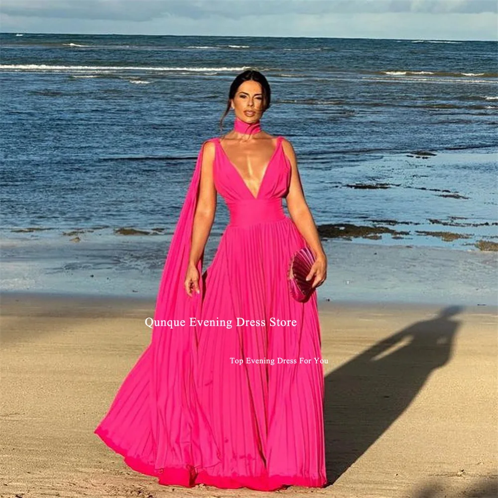 Qunque V-neck Beach Evening Dresses Pleat Fuchsia Chiffon Prom Dress With Scarf Cape Sexy Backless Vestidos De Festa Customized