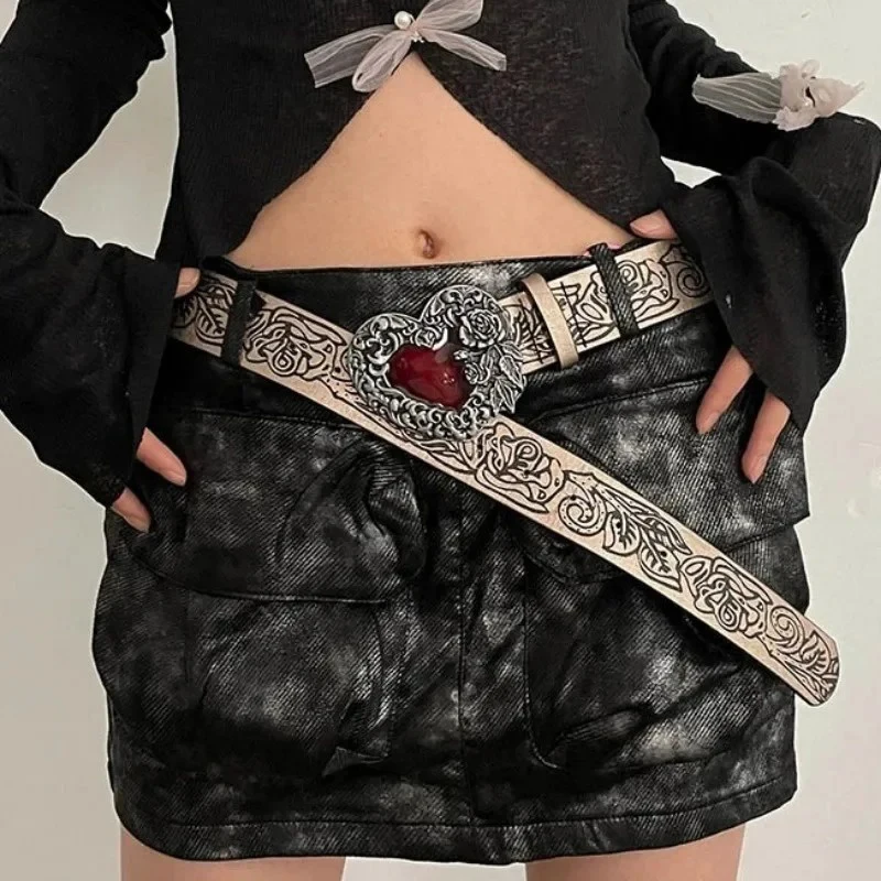 Gothic Punk Leather Y2k Belt For Women Metal Red Peach Heart Buckle Waist Strap Jeans Decorative Waistband Accessories