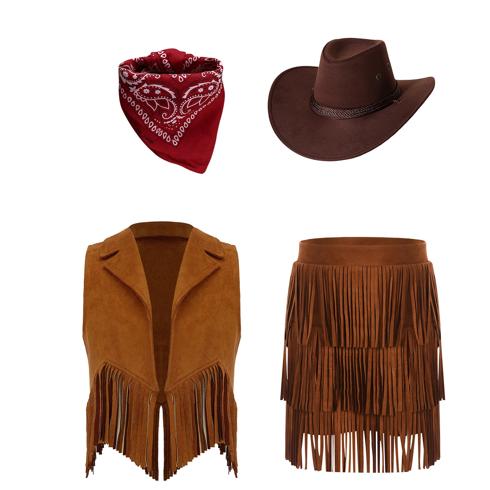 # Fantasia de cowboy ocidental para meninas de 6 a 16 anos, fantasia de dramatização de Halloween, colete com franjas e saia com borlas em camadas, bandanna e chapéu, conjunto para festival