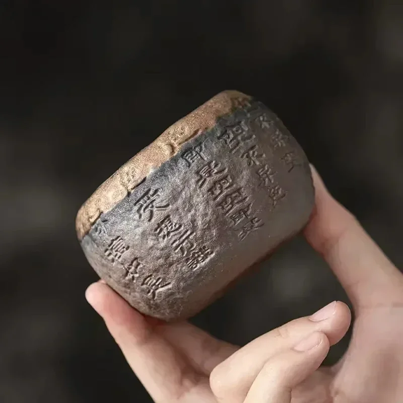 الفخار الخام اليدوية الإغاثة القلب سوترا زن كوب السيراميك ماستر الفردية كوب واحد كوب شاي صيني محمول 1 قطعة