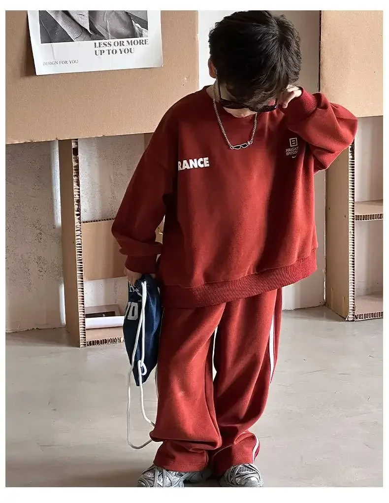 Children Clothes Set 2024 Autumn New Boy Handsome Solid Color Hoodie Fashionable Pants Boys Handsome Two-piece Set