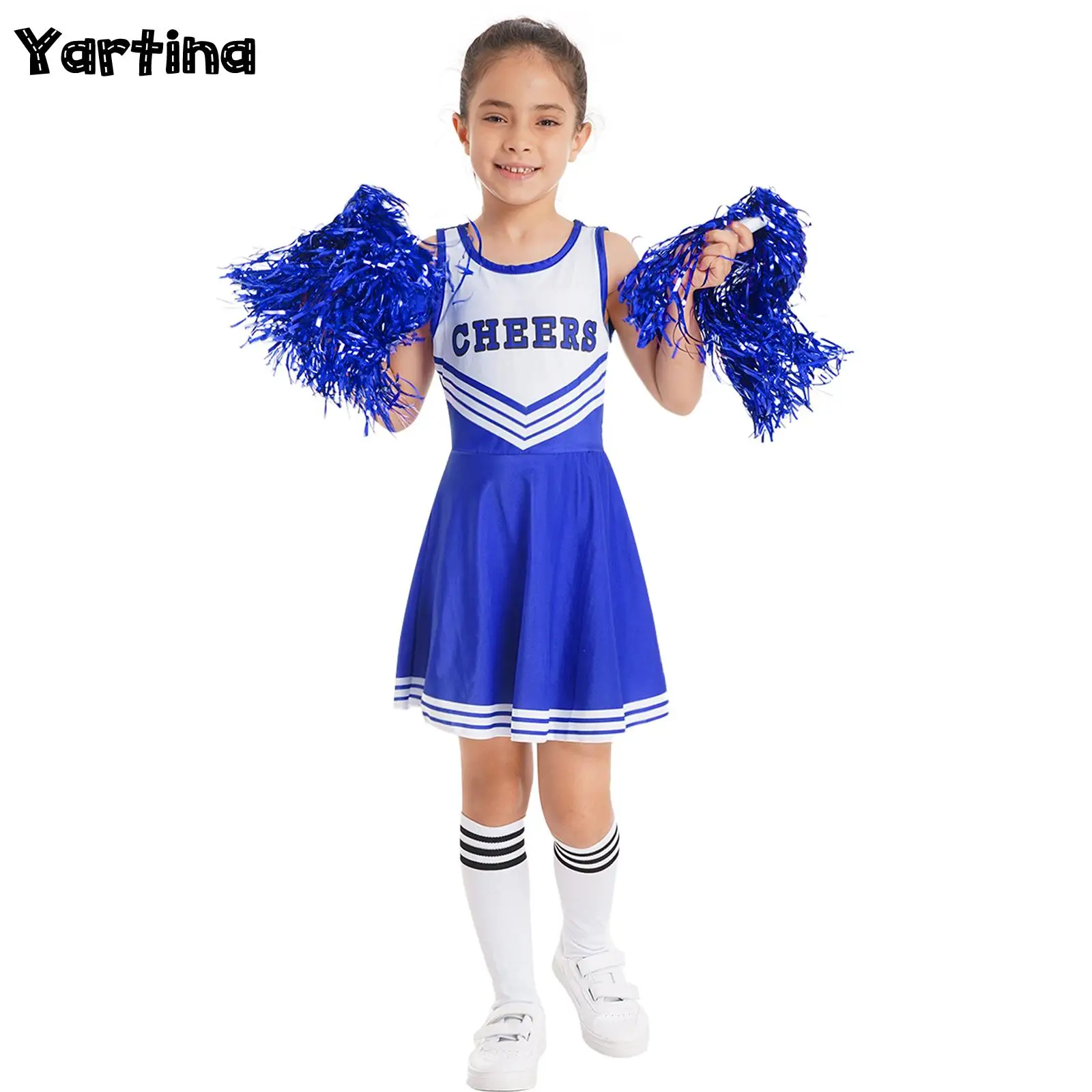 

Kids Girls Cheerleader Costume Cheer Ballet Dance Outfits Round Neckline Letter Print Dance Dress Cheerleading Flower And Socks