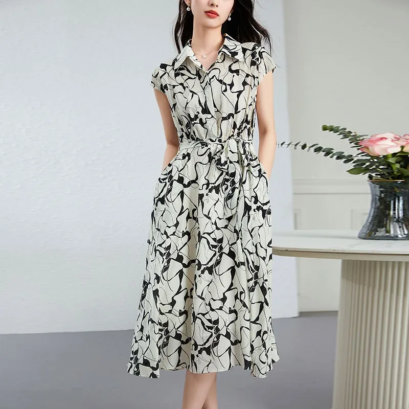 Silk Young Women's Dr Summer Faion Loose Breathable High-end  Silk Floral Midi irt Dr A-Line Skirt ort Sl...