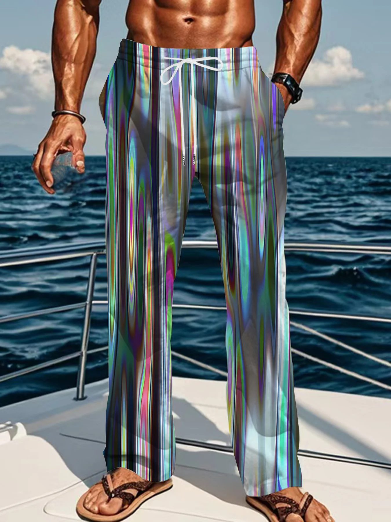 Colorful Printed Men's and Women's Casual Pants with Versatile 3D Bold Color Blocking Pattern Printed Drawstring Pants