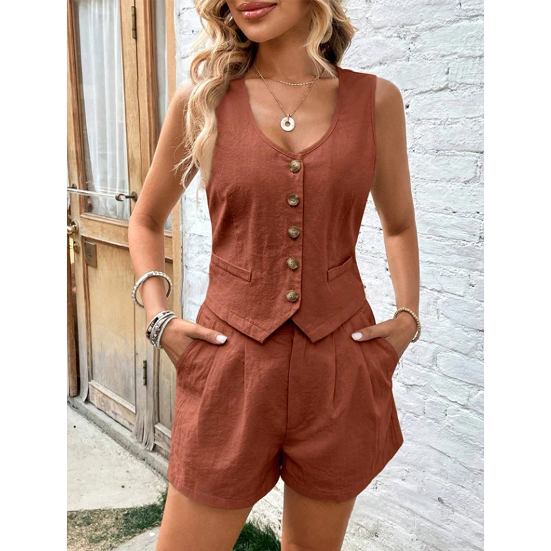 Cotton Shorts Sets for Women 2 Pieces Sexy Sleeveless Single Breasted Vest Top + Shorts Suit Elegant Office Lady Tracksuit