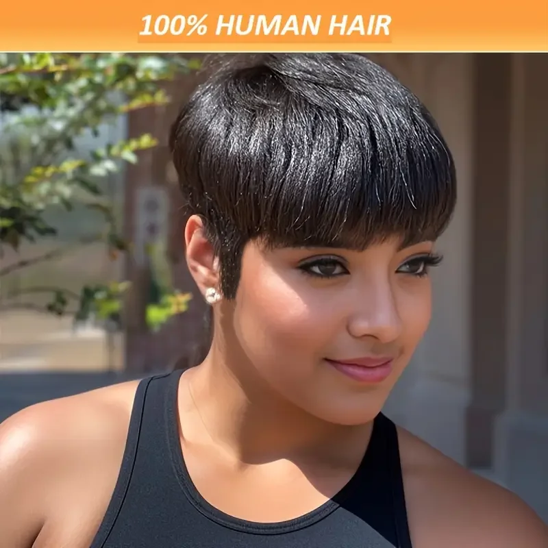 우아한 브라질리언 스트레이트 인모 풀 머신 메이드 가발 레이어드 픽시 컷 가발