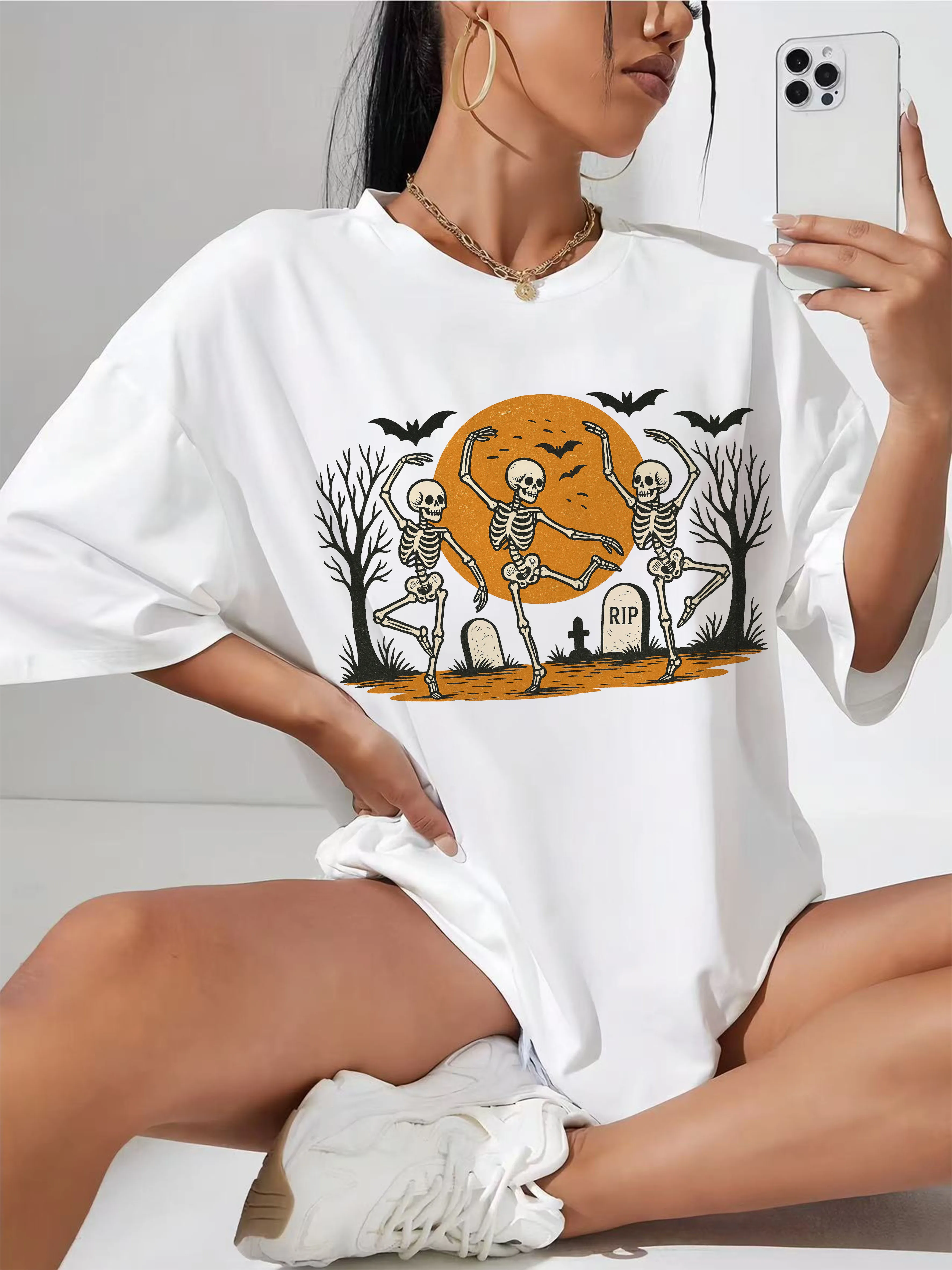 

Skeletons Dance White T-Shirt for Women Relaxed Fit Round Neck Ideal for Hot Weather Festival Days