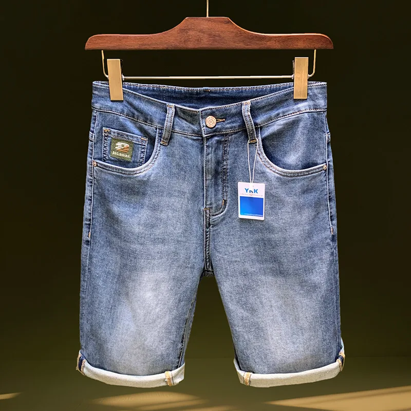 

Летние тонкие мужские джинсовые шорты, трендовые облегающие прямые брюки, повседневные эластичные универсальные синие брюки «пять четвертей»