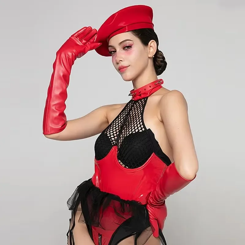 Pole Dance Costume Singer Dancer Stage Wear Club Party Rave Outfit Drag Queen Clothes Sexy Mesh Sleeveless Red Bodysuit