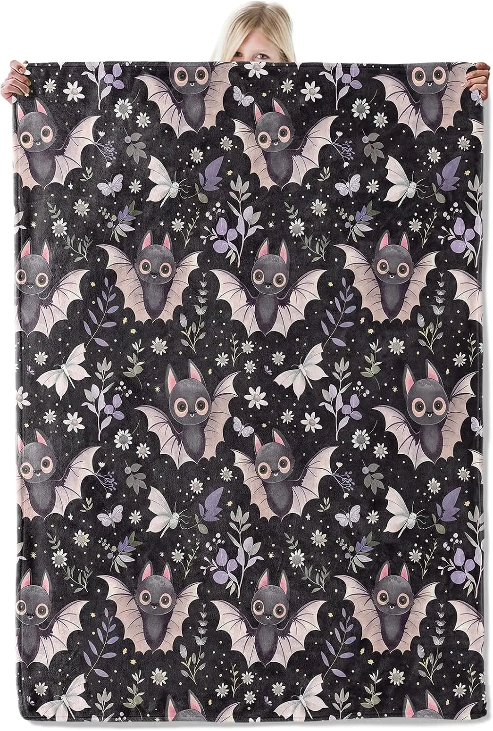 Blanket Yarn Chunky Blankets Cute Bat Blanket 50×60 Inch, Kawaii Halloween Lightweight Flannel Throw with Cartoon Bats, Stars