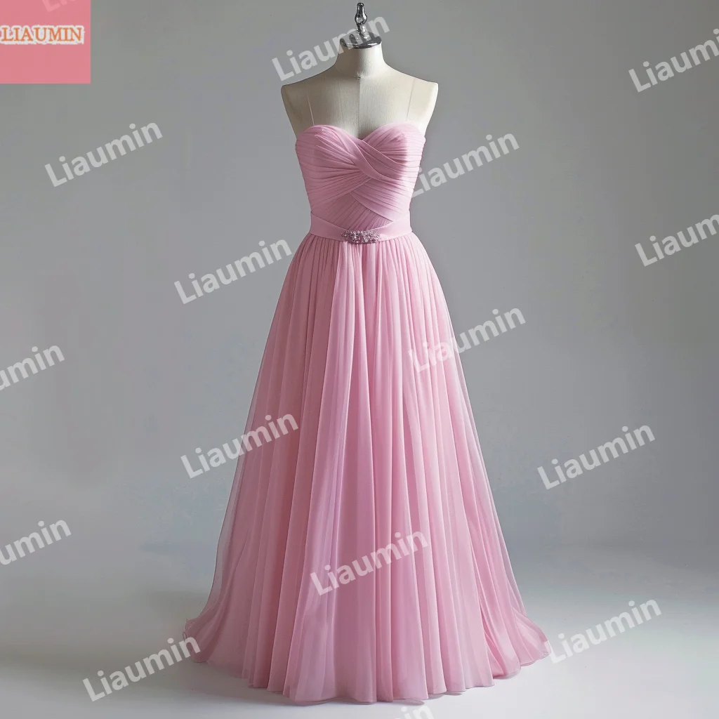 

Custom Pink Tulle Pleat Lace Up Back Summer Prom Dress With Sash Floor Length Strapless Evening Dresses Formal Clothing W15-48.6