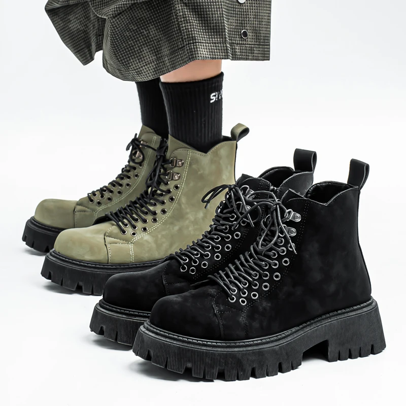 أحذية مصعد للرجال للخريف والشتاء بنعل سميك، أحذية لراكبي الدراجات النارية على الطراز البريطاني، أحذية عمل عصرية مقاومة للانزلاق في الهواء الطلق