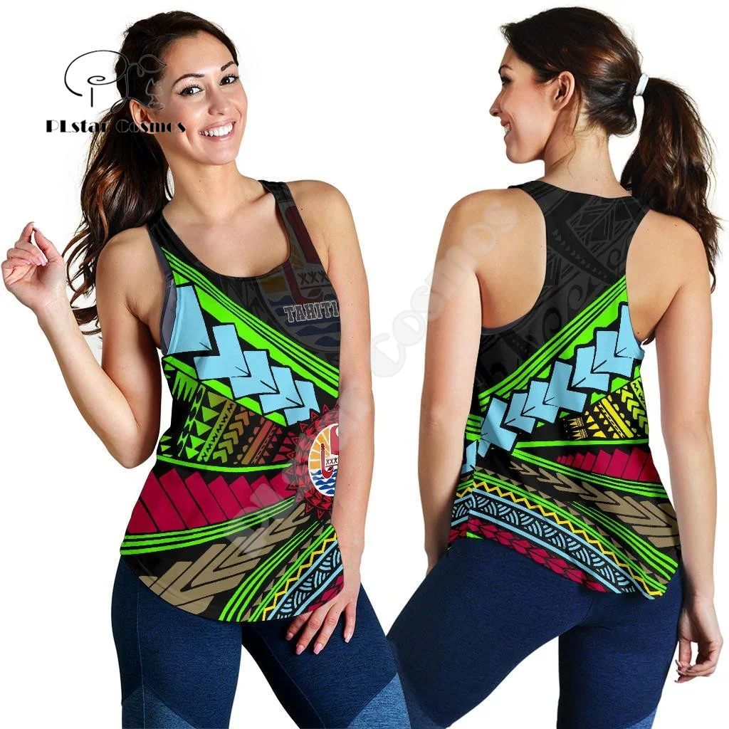 French Polynesia Tahiti Hibiscus Tattoo Retro Vintage 3D Harajuku Summer Yoga Women Vest Racerback Tank Top Fitness Sleeveless A