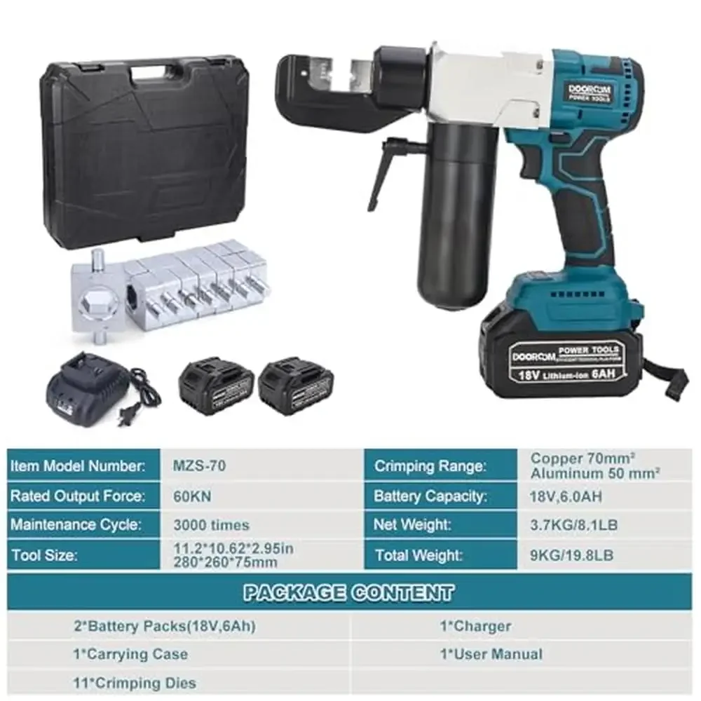 Hydraulic Cable Lug Crimping Tool Kit Battery-Powered 12-2/0 AWG Terminal Crimper 8 Dies Swivel 350° Clean Efficient Versatile