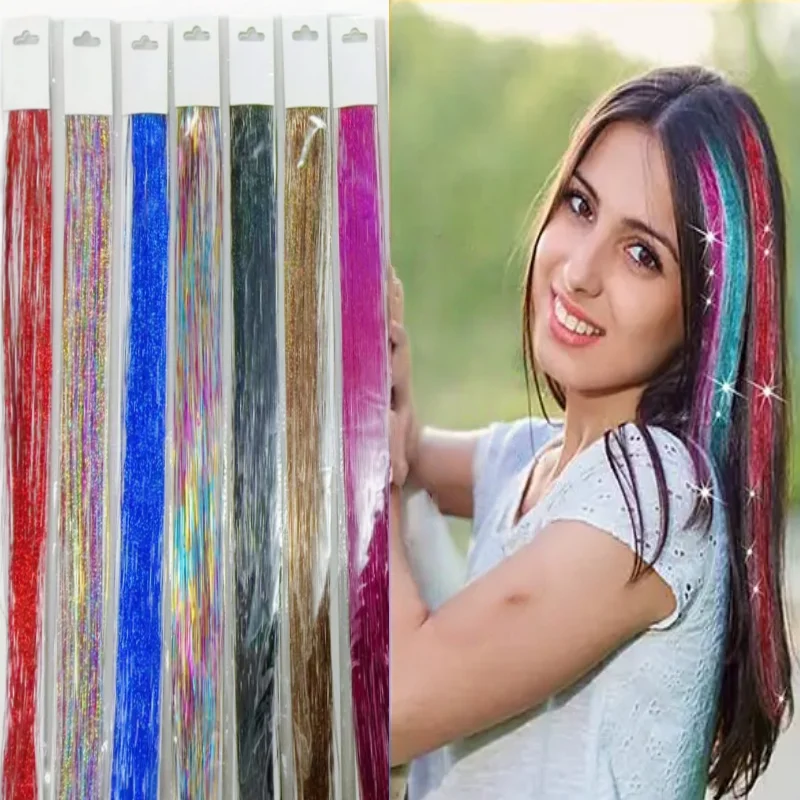 Satu Set Benang Rambut Metalik dengan Jepit Rambut Mengkilap Termasuk 5 Ekstensi Rambut Berwarna Bersinar Sintetis Cocok untuk Pesta