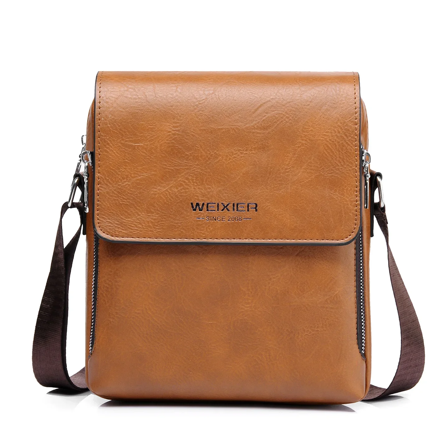 WEIXIER Men Shoulder Bag Vintage PU Leather Crossbody Bag Flap Design Double Zipper Business Casual Messenger Bag For Male