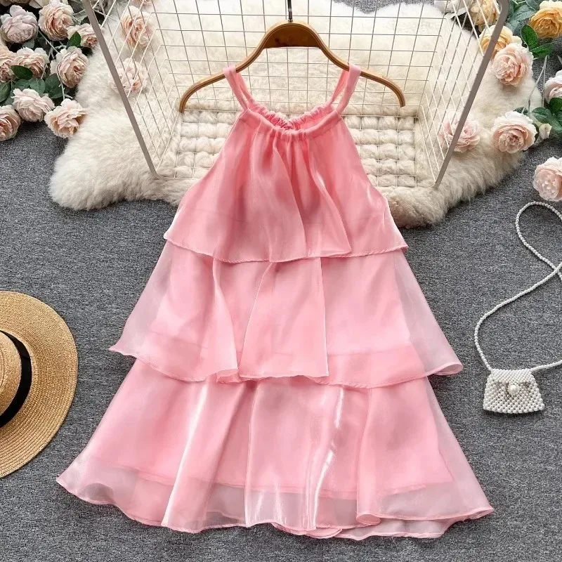 SKinny Mesh ruffled neck hanging dress for summer women Dresses 2024 New Solid SLeveness Loose Mini Sling Dress Woman