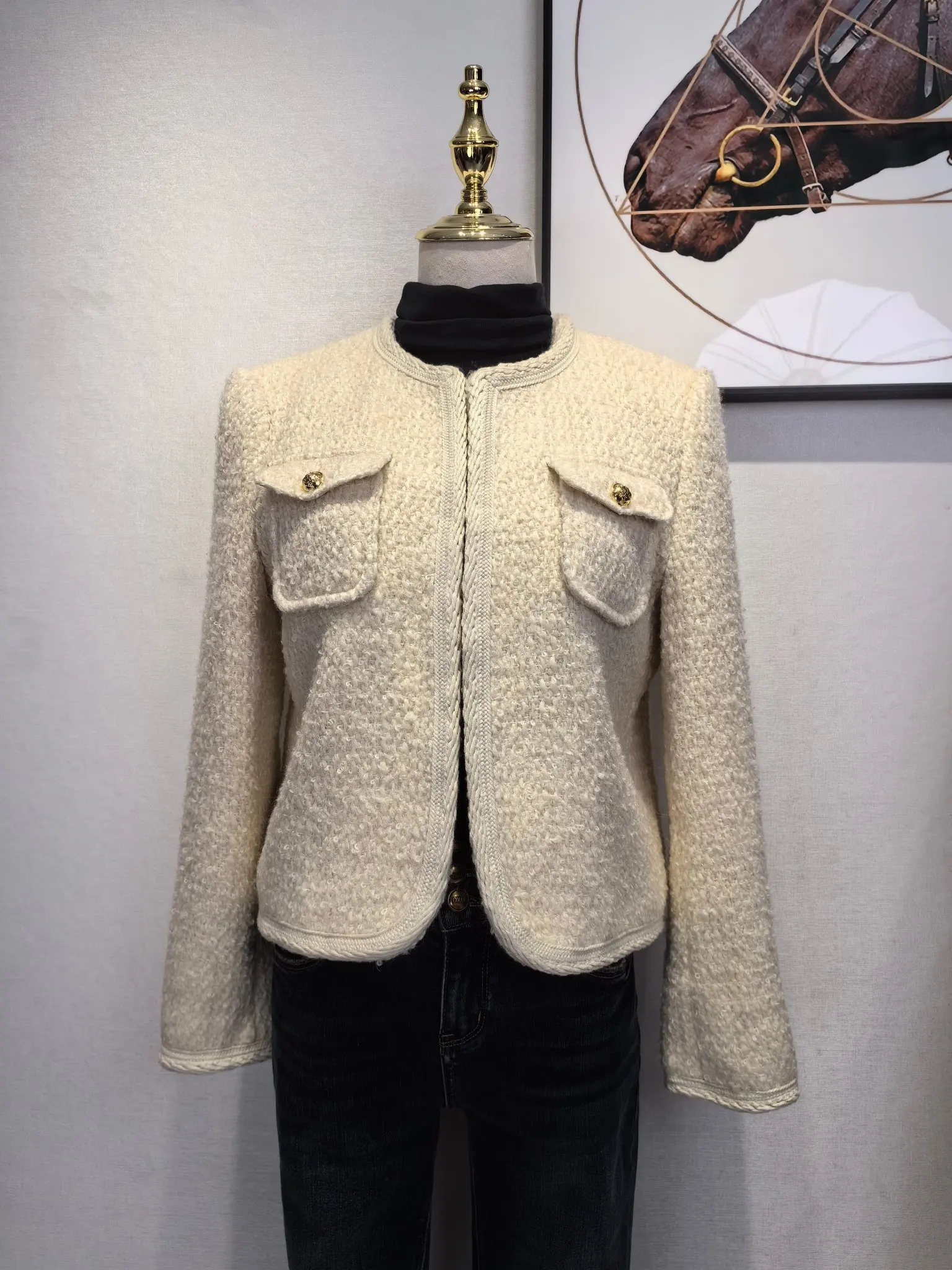 

EVACANDIS Autumn Winter Wool Cotton Blended Women New Tweed Coat Solid Elegant O-Neck Single Breasted Vintage Office Lady Jacket