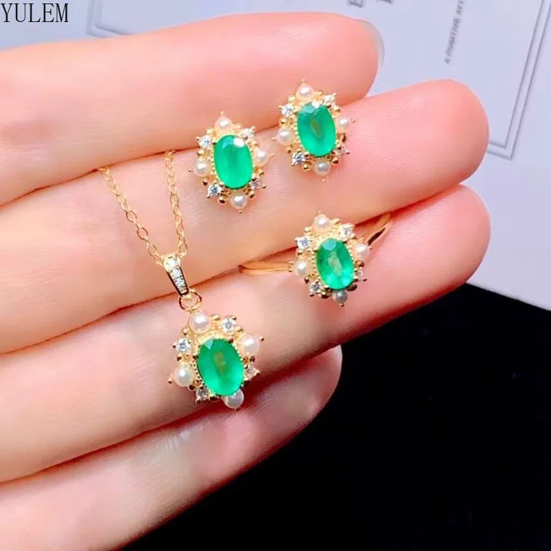 YULEM Jewelry Natural Emerald Ring Emerald Pendant Set for Wedding Natural Zambia Emerald Silver Jewelry Set Gift for Woman