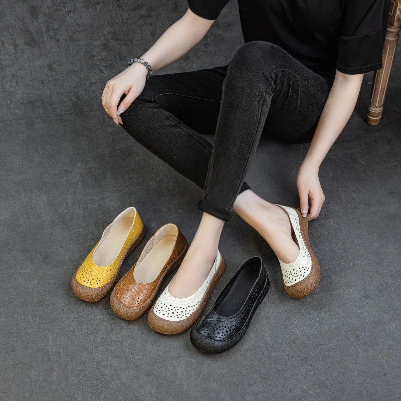 

CICIYANG Women's Flats First Layer of Cowhide 2025 Summer New Round Head Shallow Mouth Hollow Sandals Female Single Shoes Spring