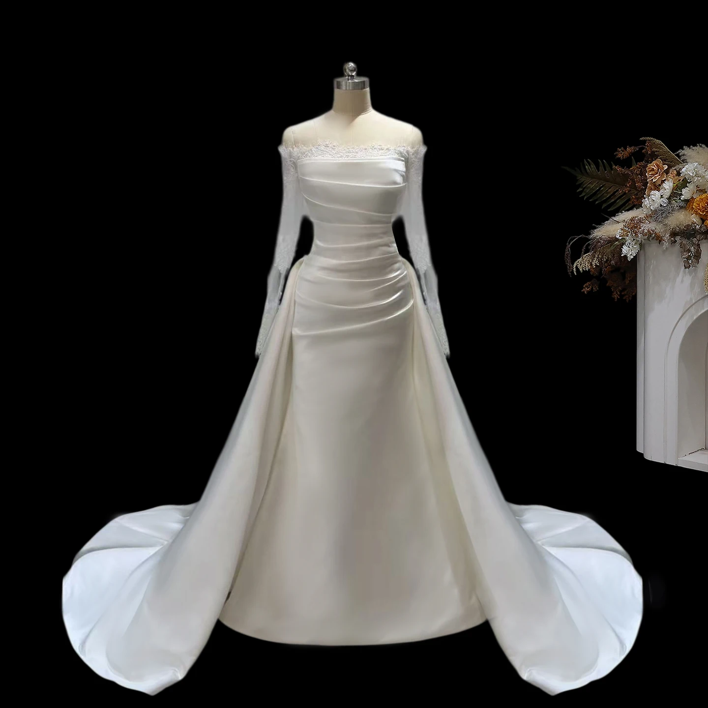 Sheer Fairy Wedding Dresses Luxury Mermaid Off Shoulder Satin Draped Floral Lace Long Sleeves Dubai Bridal Gown SW691 Customized