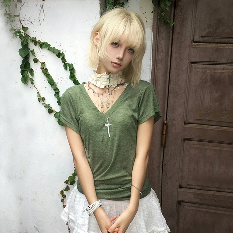 Karrram Japanese Y2k Green Knitted T-shirt Trashy 2000s Style V-neck Top Vintage Harajuku Short Sleeve Tee Shirt American Retro image 2