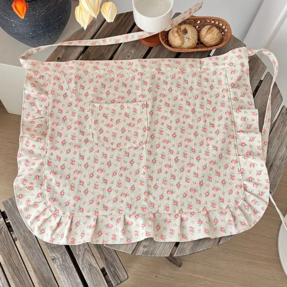 Comfortable Korean Style Floral Lace Apron Cotton Material with Pocket Half Body Apron Floral Pattern Work Apron Coffee Shop