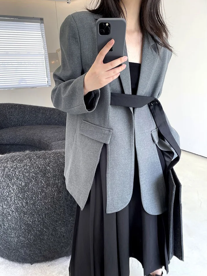 

Elegant And Youthful Woman Blazer Asymmetrical Lace-Up Capable Commuting Temperament Blue Outerwears Wear Burgundy Formal
