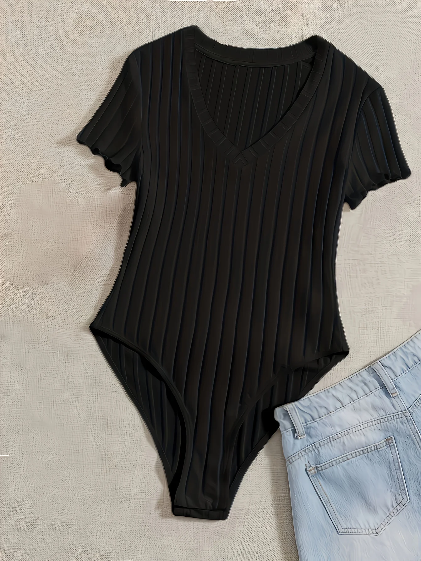 Elegant & Sexy Ribbed V-Neck Bodysuit with Lettuce Trim-Semi-Sheer Comfort Fit Easy Care - Perfect for Spring to Fall