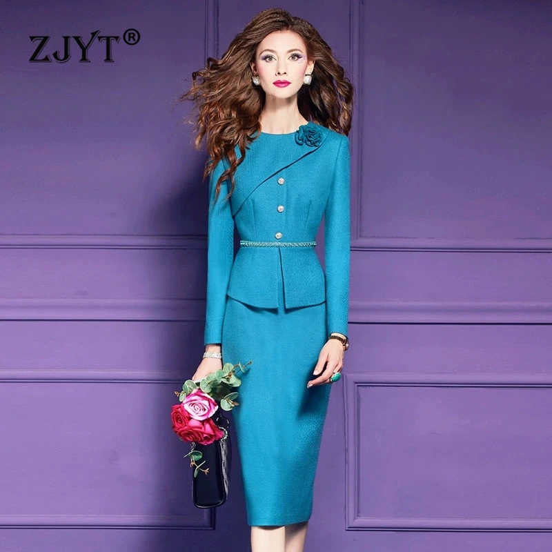 

ZJYT Elegant Women Beading Woolen One Piece Dresses Spring 2025 Long Sleeve Plus Size Office Party Dress Female Vestidos Blue