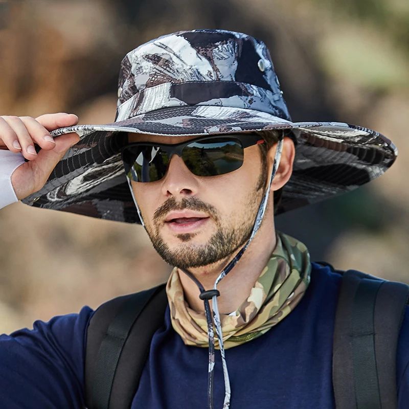 12cm Big Brim Sun Hat for Men Camouflage Summer Breathable Mesh Sun Protection Bucket Cap Foldable Portable Outdoor Fishing Hat