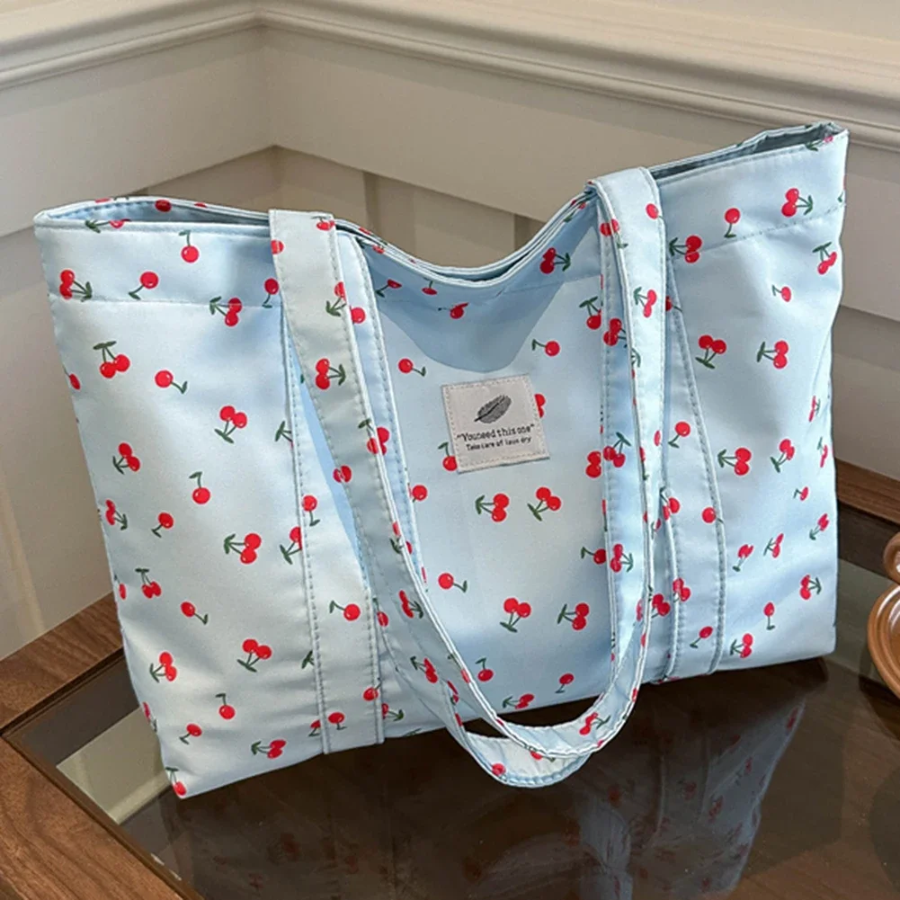 Cute Cherry Strawberry Print Casual Tote Bag Large Capacity Shopping Bag Nylon Aesthetic Handbag Grocery Bag for Women