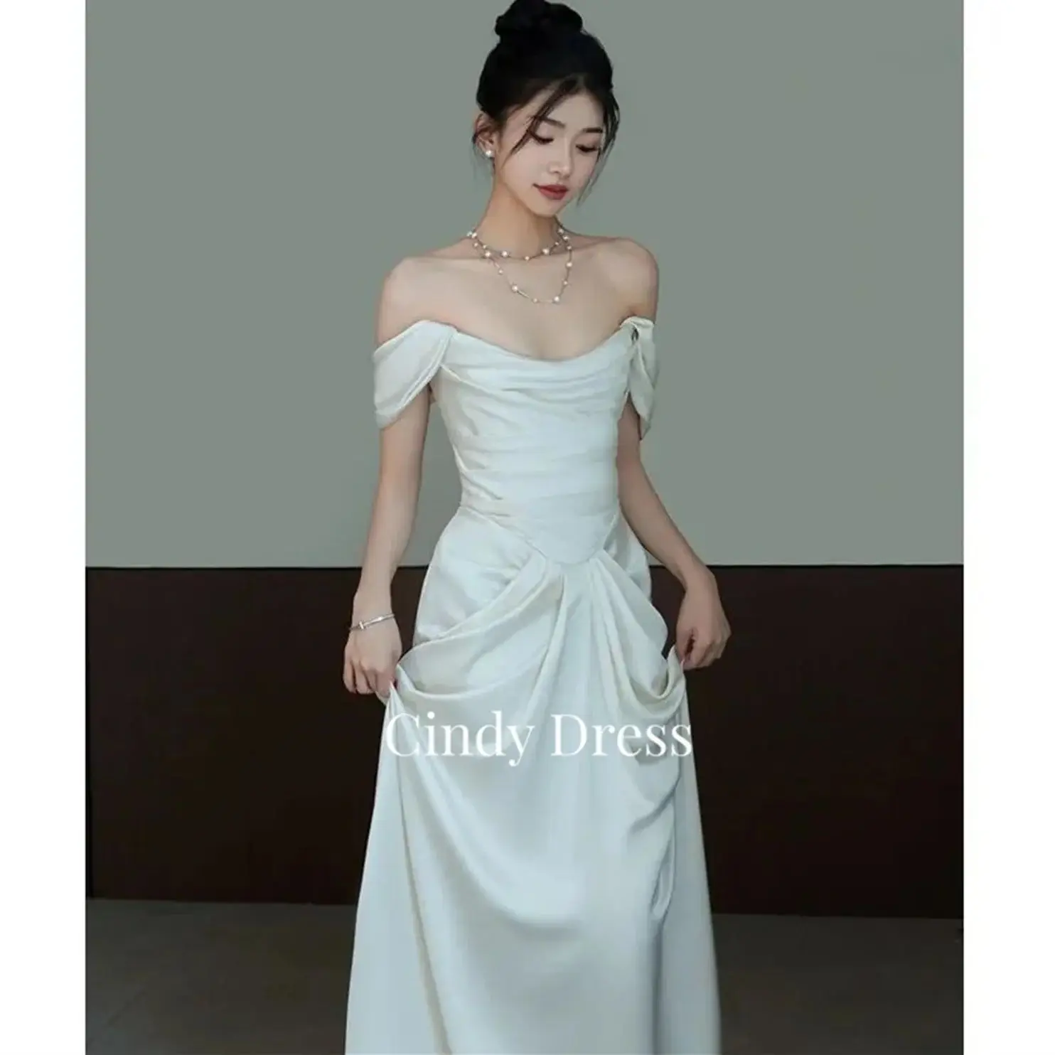 

Cindy One Shoulder Satin White Off the Shoulders Small Budget Wedding Dress Dresses for Special Occasions Evening Party Gala