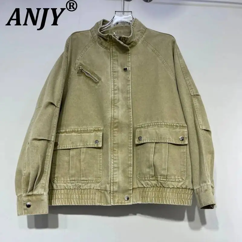 ANJY Spring Autumn New Women Washed Distressed Safari Style Denim Jacket Multi-pocket Draped Loose Casual Versatile Coats A25214