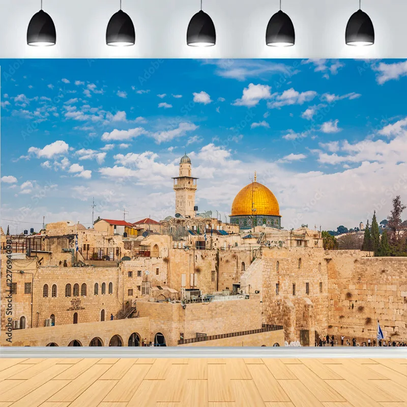 

Golden Dome Of Shrine Photography Backdrops Jerusalem's Old City Western Wall On Temple Landscape Mountains Background YSL-02