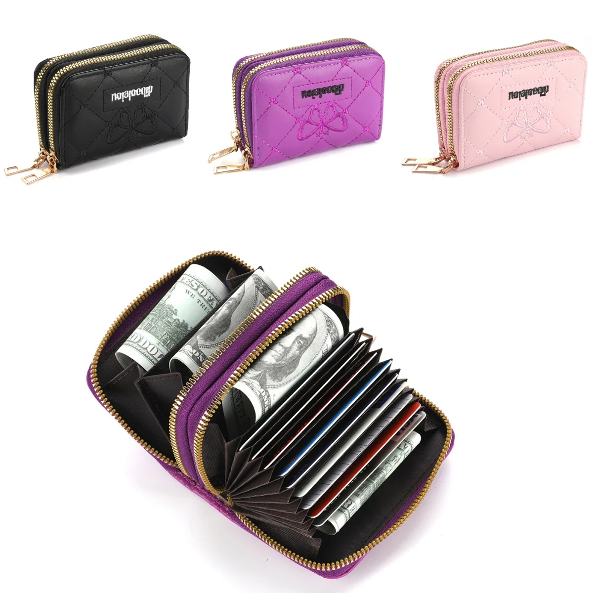 Card Holder PU Commercial Bank Credit Card Bus ID Holder Cover Coin Bag Double Zipper Ladies Purse Bag Organizer