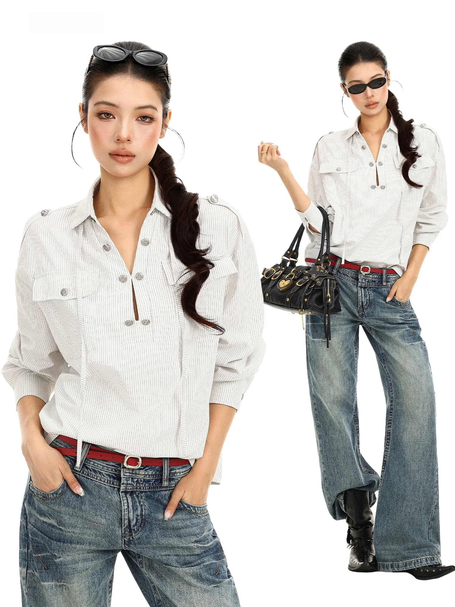 Casual Women's Long Sleeve Shirt Half Open Button Striped Loose Fit Top Early Autumn Versatile Comfortable Breathable Korean ...