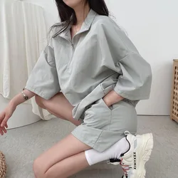 Female Elastic Waist Solid Color Short Sets Women Short Suits 2024 Summer Casual Short Sleeve Turn-down Collar Zipper Suits